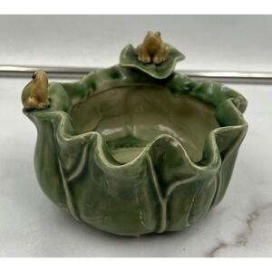 Vintage Ceramic Lily Pad Frog Bowl Green Glazed Pottery Trinket Dish Cottagecore